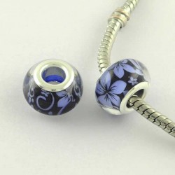 Perle en résine noire fleurs bleues style Pandora - à l'unité