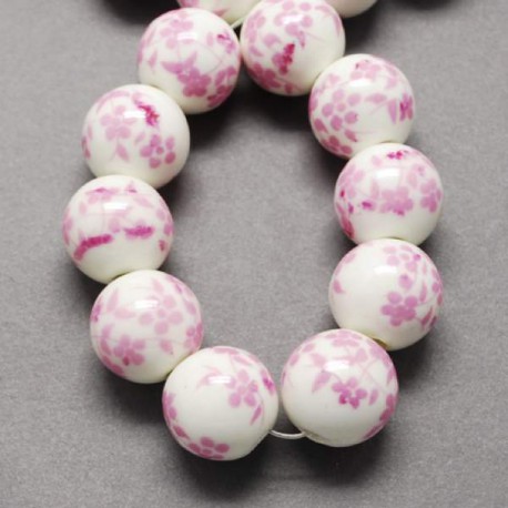 Perle de verre porcelaine rose, 10 mm